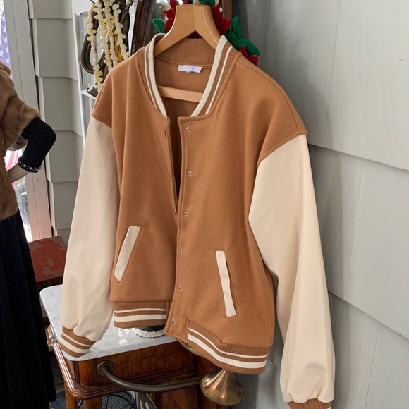 Iris Tan and Cream Faux Leather Varsity Jacket - Picture 2 of 5